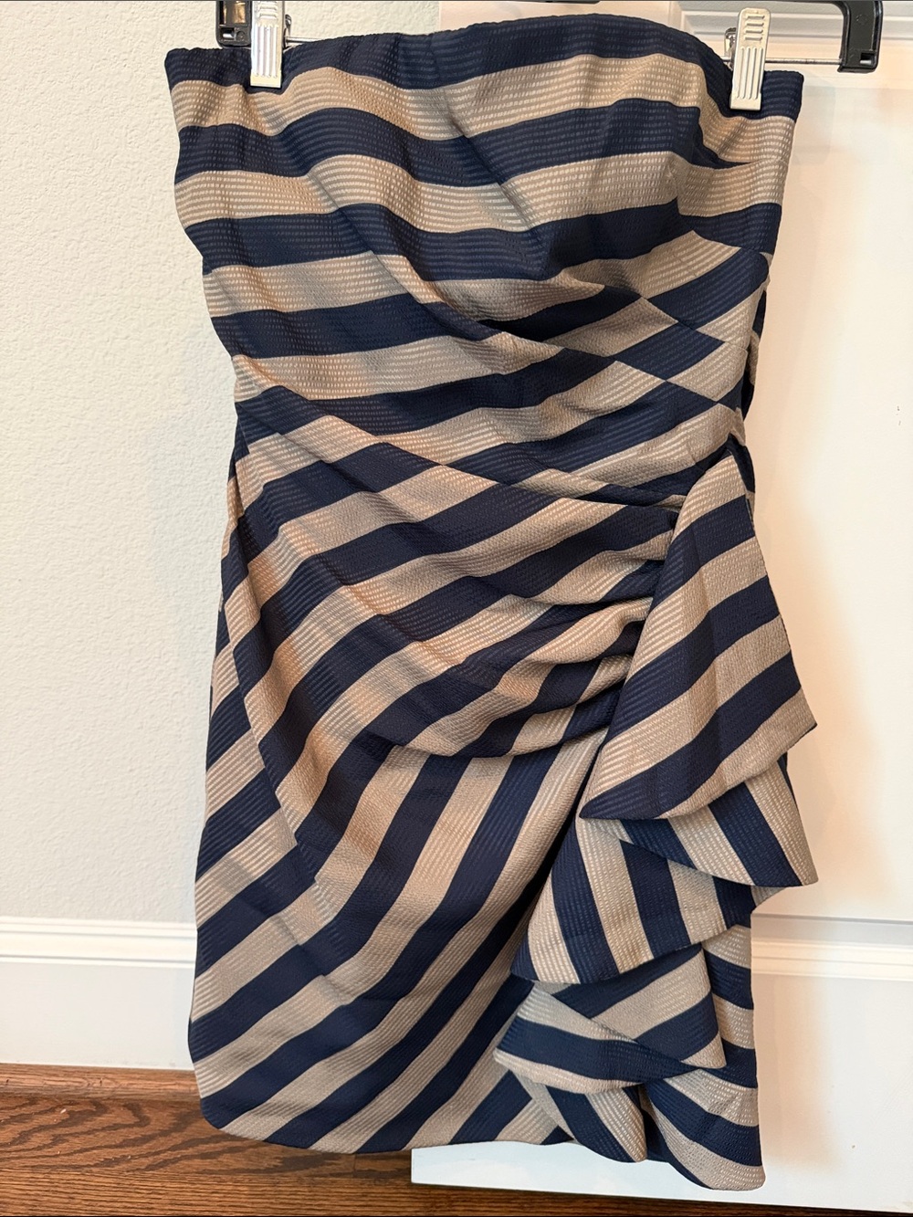 BCBGMaxAzria Navy and Grey Strapless Ruched Ruffle Dress